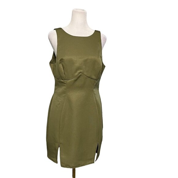 ASOS DESIGN Khaki Green Racer Neck Structured Mini Dress w/ Seam Detail - Picture 2 of 9